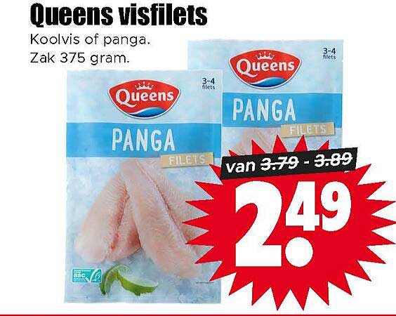 Queens visfilets - Koolvis of panga. Zak 375 gram.