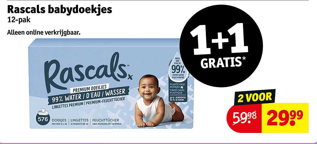 Rascals babydoekjes 12-pak 1+1 GRATIS*