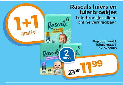 Rascals luiers en luierbroekjes 1+1 gratis