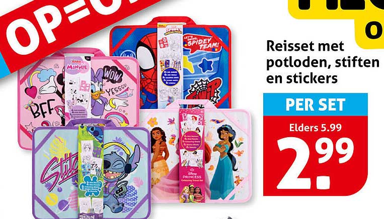 Reisset met potloden, stiften en stickers