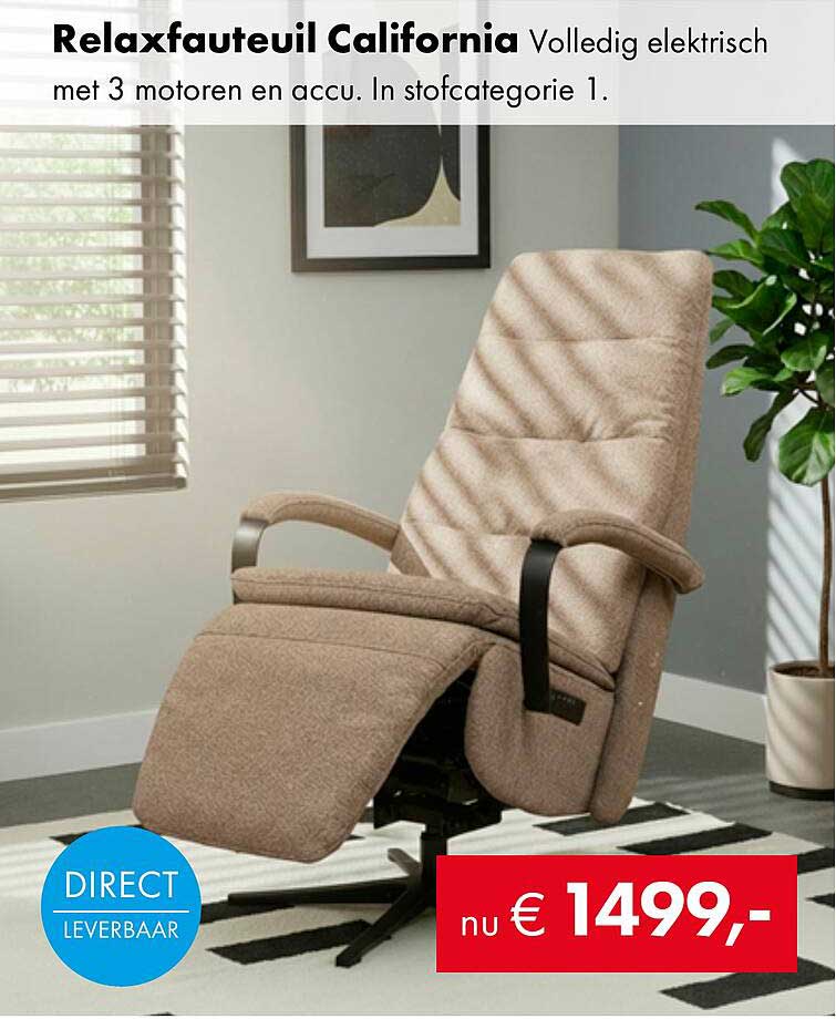 Relaxfauteuil California Volledig elektrisch met 3 motoren en accu. In stofcategorie 1.