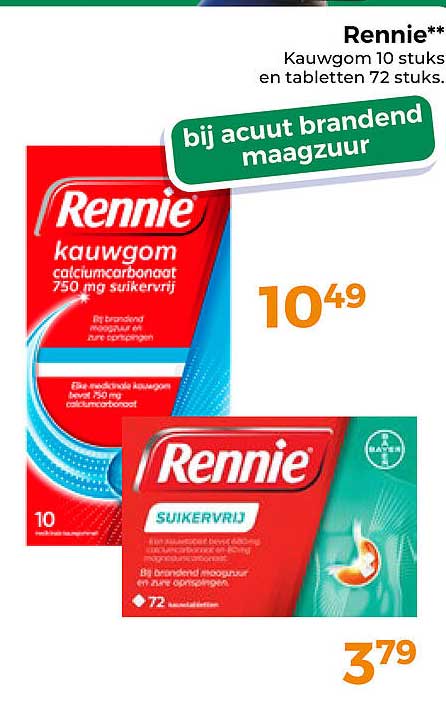 Rennie Kauwgom 10 stuks en tabletten 72 stuks. bij acuut brandend maagzuur
