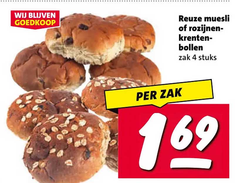 Reuze muesli of rozijnen-krenten-bollen zak 4 stuks