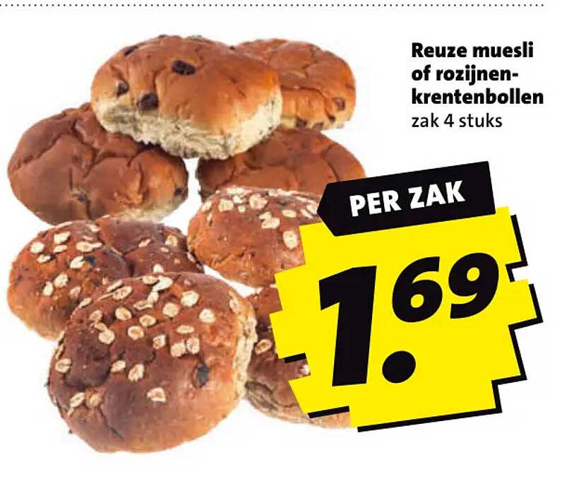 Reuze muesli of rozijnen-krentenbollen zak 4 stuks