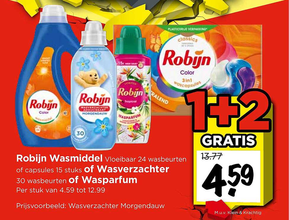 Robijn Wasmiddel Vloeibaar 24 wasbeurten of capsules 15 stuks of Wasverzachter 30 wasbeurten of Wasparfum 1+2 GRATIS