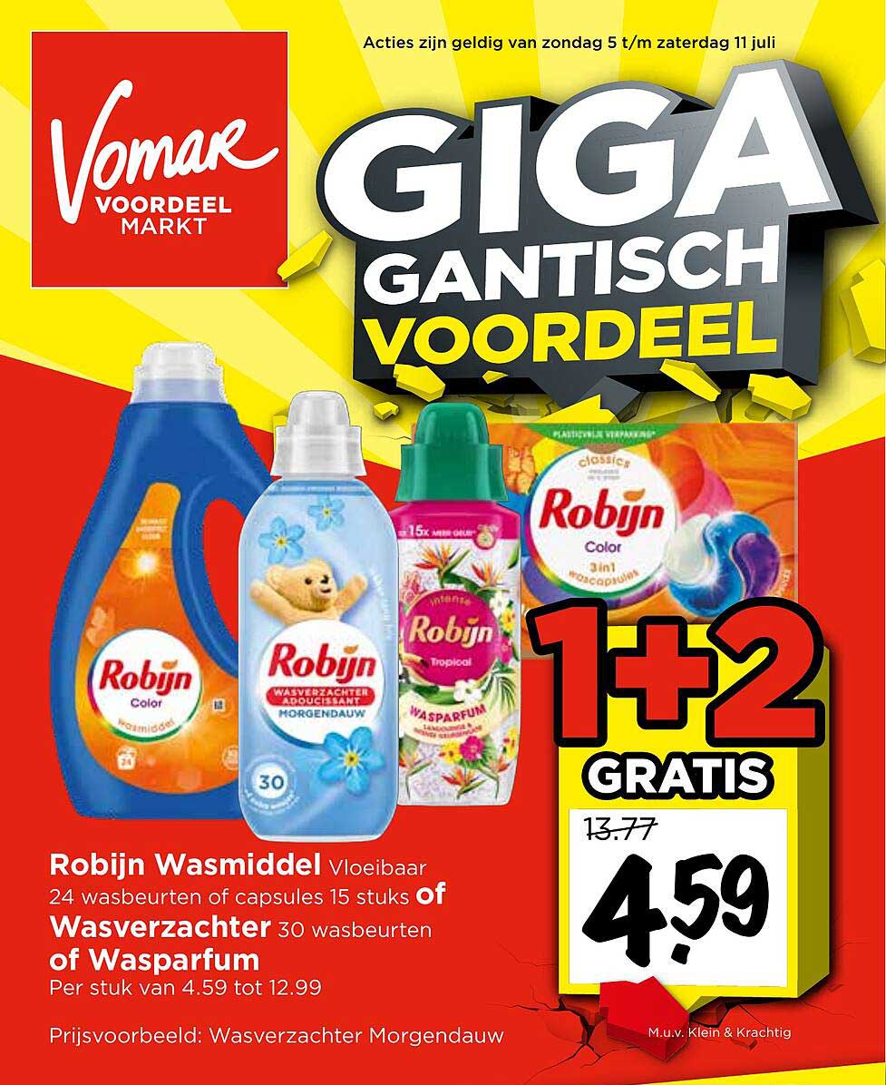 Robijn Wasmiddel Vloeibaar 24 wasbeurten of capsules 15 stuks of Wasverzachter 30 wasbeurten of Wasparfum 1+2 GRATIS