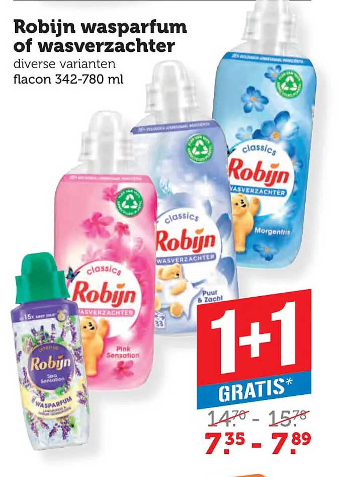 Robijn wasparfum of wasverzachter diverse varianten flacon 342-780 ml 1+1 gratis