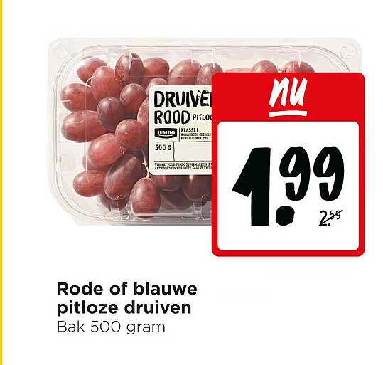 Rode of blauwe pitloze druiven Bak 500 gram