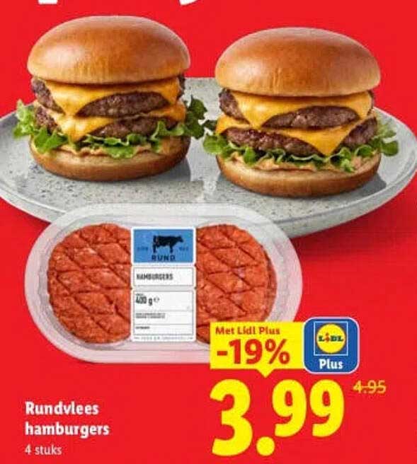 Rundvlees hamburgers 4 stuks Met Lidl Plus -19%