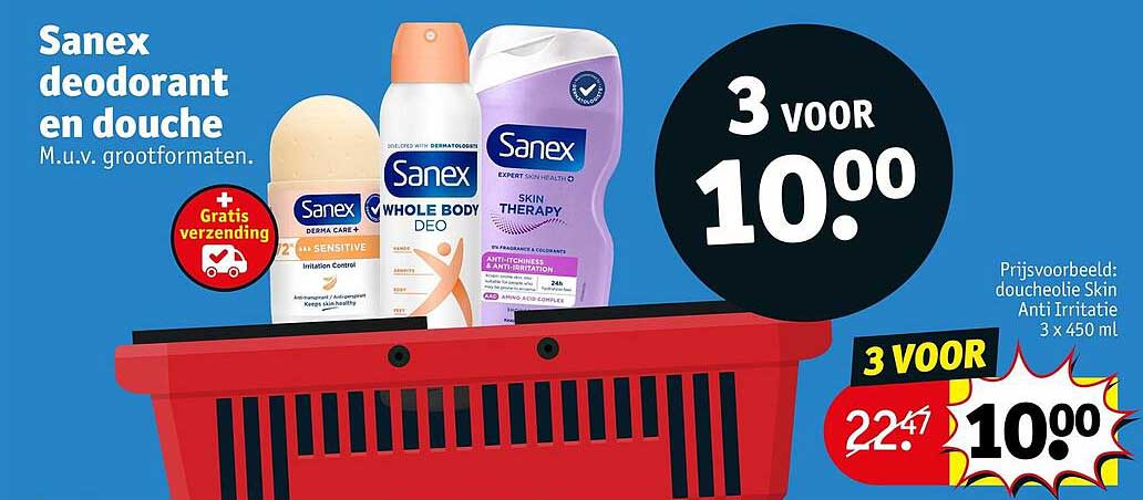 Sanex deodorant en douche M.u.v. grootformaten. 3 voor 10.00