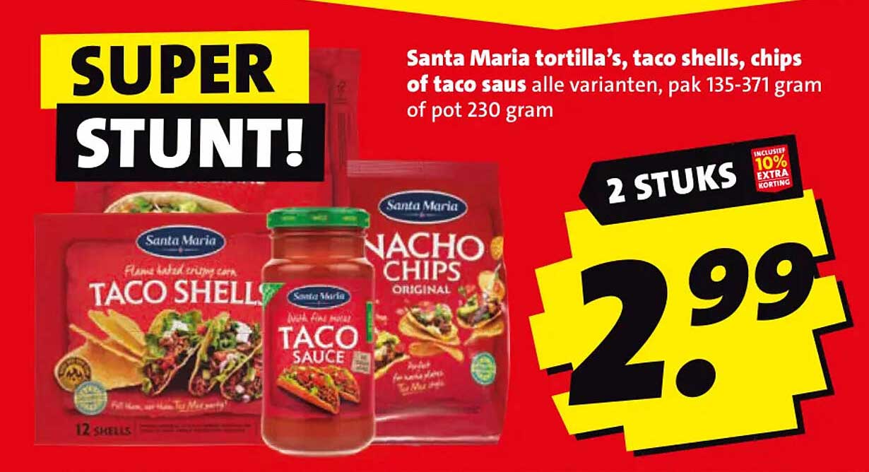 Santa Maria tortilla’s, taco shells, chips of taco saus alle varianten, pak 135-371 gram of pot 230 gram 2 STUKS