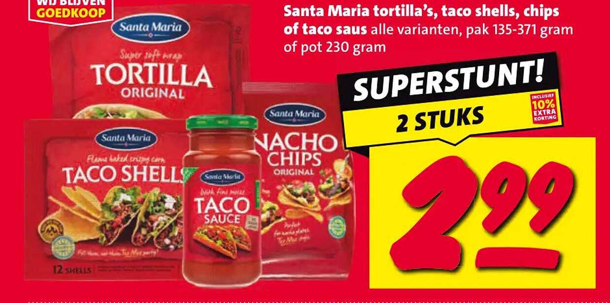 Santa Maria tortilla’s, taco shells, chips of taco saus alle varianten, pak 135-371 gram of pot 230 gram SUPERSTUNT! 2 STUKS