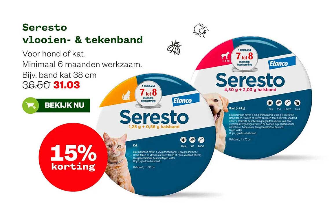 Seresto vlooien- & tekenband 15% korting