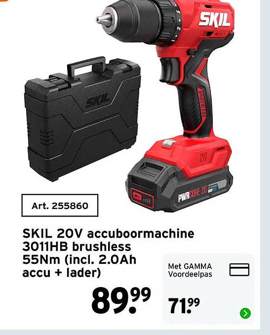 SKIL 20V accuboormachine 3011HB brushless 55Nm (incl. 2.0Ah accu + lader)