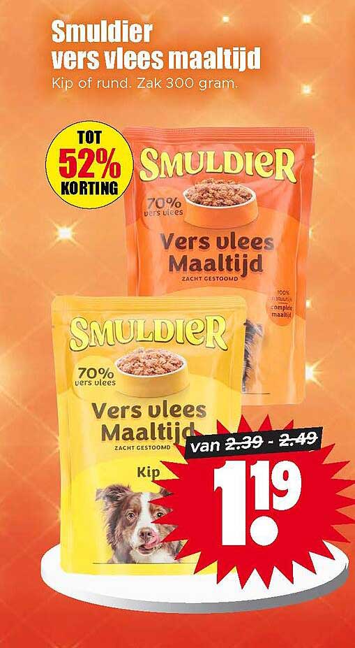 Smuldier vers vlees maaltijd Kip of rund. Zak 300 gram. TOT 52% KORTING