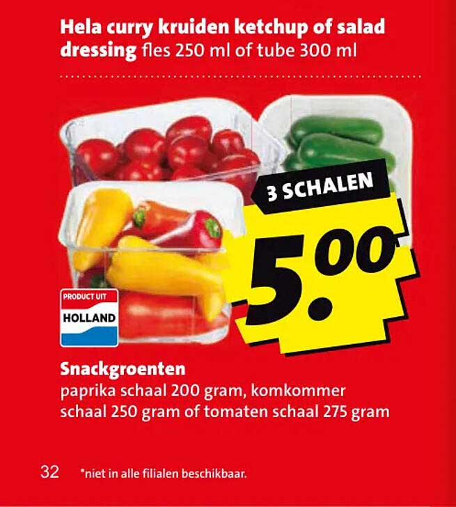 Snackgroenten paprika schaal 200 gram, komkommer schaal 250 gram of tomaten schaal 275 gram 3 SCHALEN