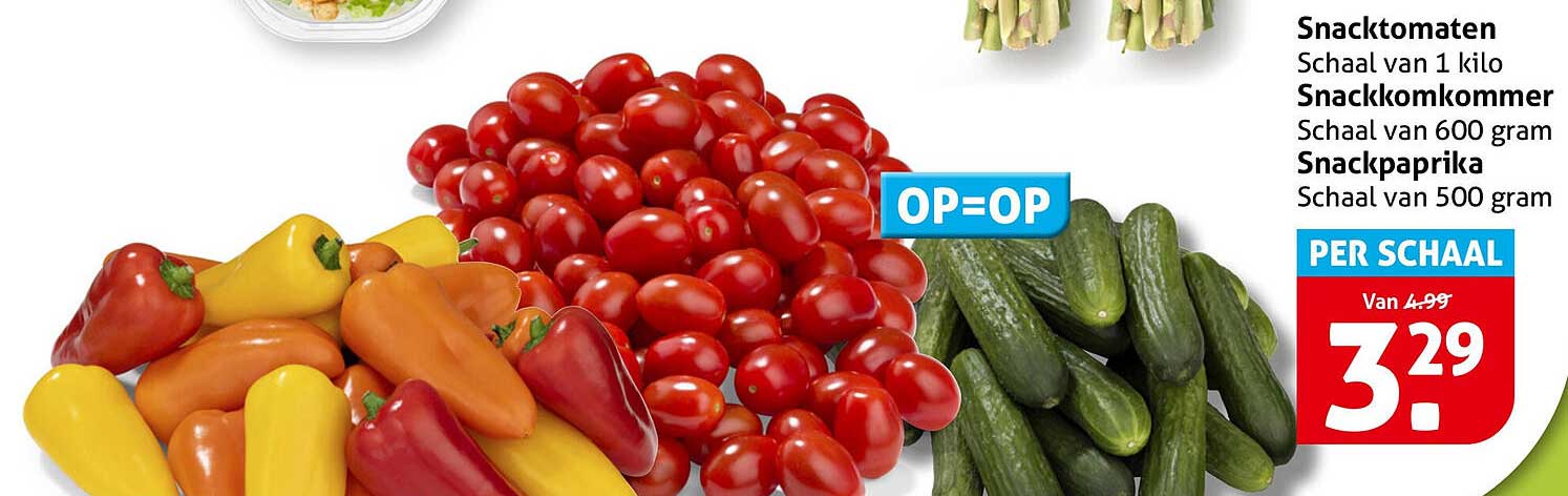 Snacktomaten Schaal van 1 kilo Snackkomkommer Schaal van 600 gram Snackpaprika Schaal van 500 gram OP=OP PER SCHAAL
