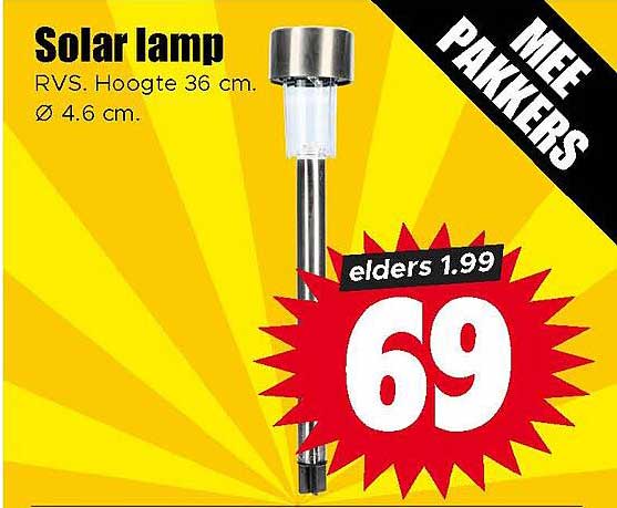 Solar lamp RVS. Hoogte 36 cm. Ø 4.6 cm.