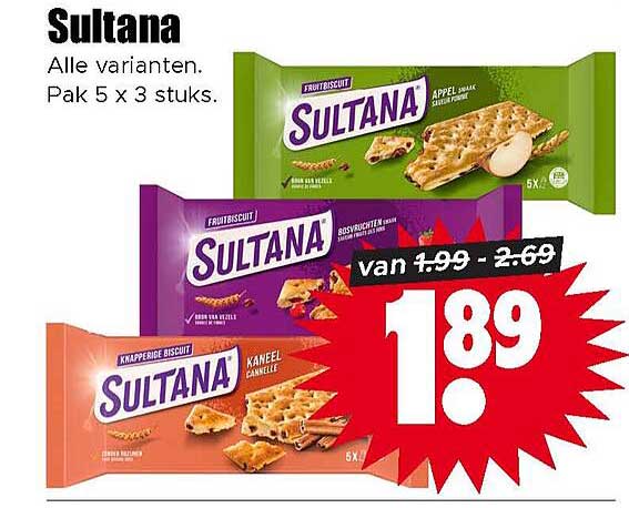 Sultana Alle varianten. Pak 5 x 3 stuks.