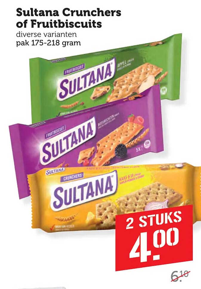 Sultana Crunchers of Fruitbiscuits diverse varianten pak 175-218 gram