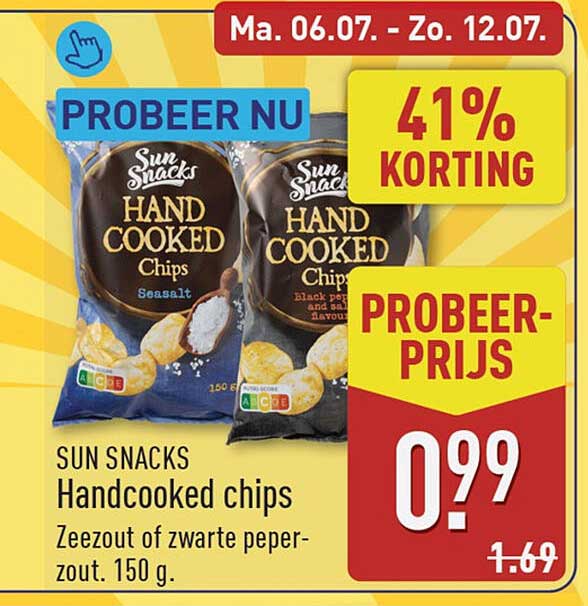 SUN SNACKS Handcooked chips Zeezout of zwarte peper-zout. 150 g. 41% korting Probeer-prijs