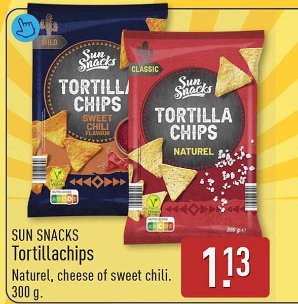 SUN SNACKS Tortillachips Naturel, cheese of sweet chili. 300 g.