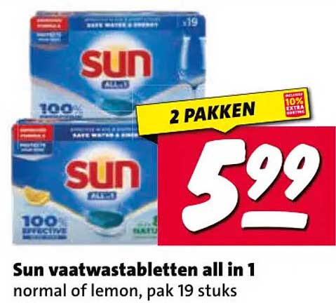 Sun vaatwastabletten all in 1 normal of lemon, pak 19 stuks 2 pakken