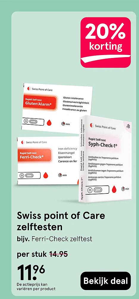 Swiss point of Care zelftesten bijv. Ferri-Check zelftest 20% korting