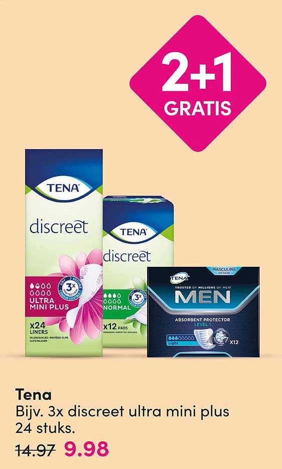 Tena Bijv. 3x discreet ultra mini plus 24 stuks. 2+1 GRATIS