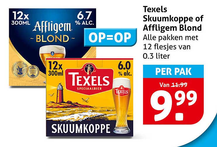 Texels Skuumkoppe of Affligem Blond Alle pakken met 12 flesjes van 0.3 liter OP=OP