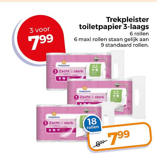 Trekpleister toiletpapier 3-laags 6 rollen 6 maxi rollen staan gelijk aan 9 standaard rollen.
