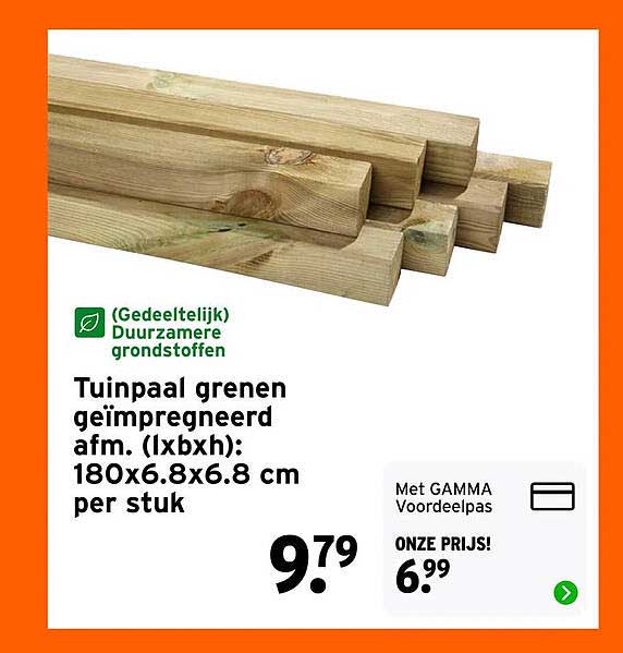 Tuinpaal groen geimpregneerd afm. (lxbxh): 180x6.8x6.8 cm per stuk