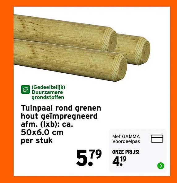 Tuinpaal rond groen hout geïmpregneerd afm. (lxb): ca. 50x6.0 cm per stuk