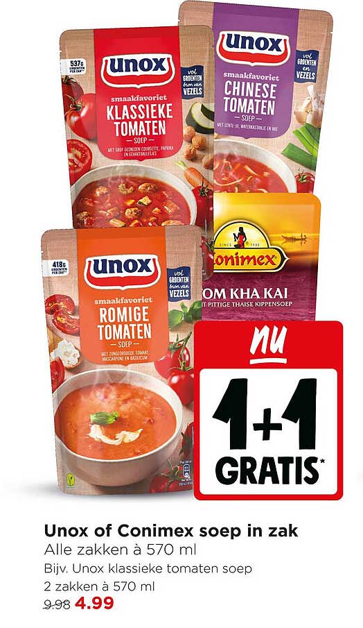 Unox of Conimex soep in zak 1+1 GRATIS