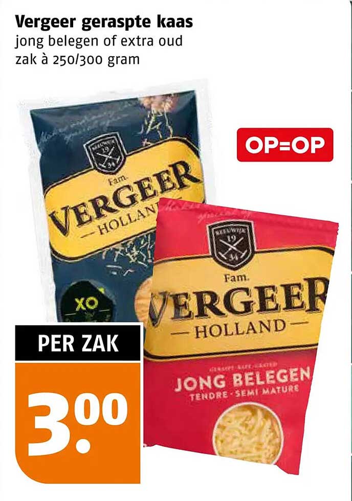 Vergeer geraspte kaas jong belegen of extra oud zak à 250/300 gram OP=OP