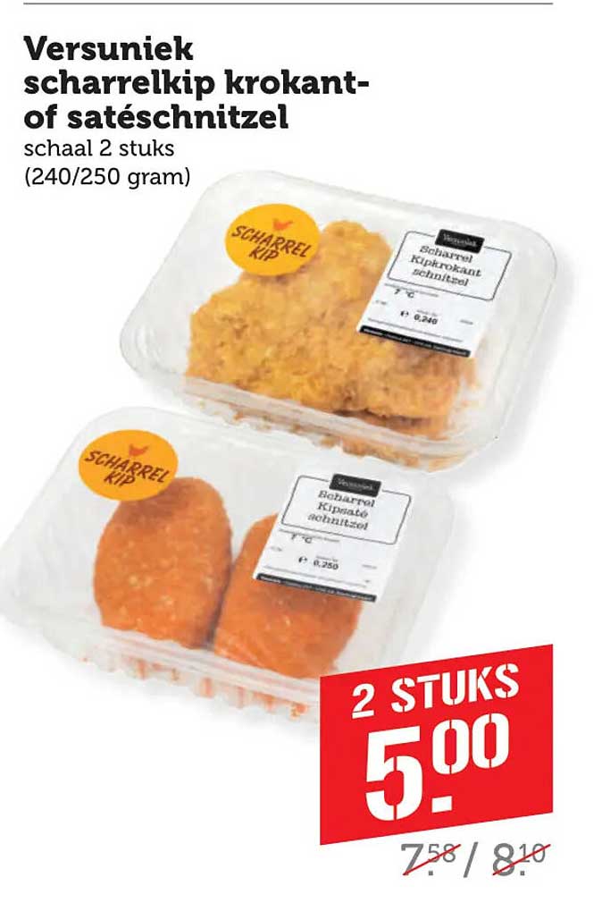Versuniek scharrelkip krokant- of satéschnitzel schaal 2 stuks (240/250 gram)