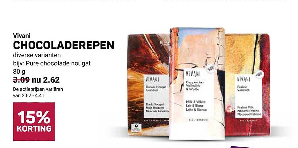 Vivani CHOCOLADEREPEN diverse varianten bijv: Pure chocolade nougat 80 g 15% KORTING