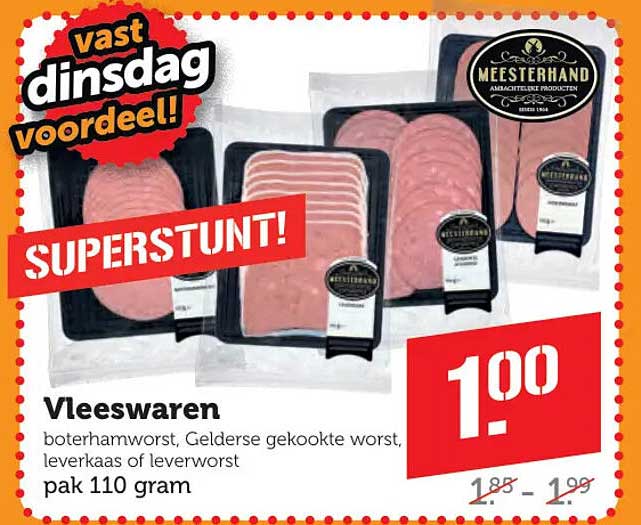 Vleeswaren boterhamworst, Gelderse gekookte worst, leverkaas of leverworst pak 110 gram SUPERSTUNT!