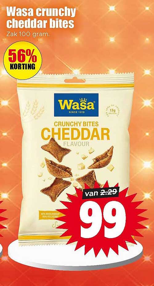 Wasa crunchy cheddar bites Zak 100 gram 56% korting