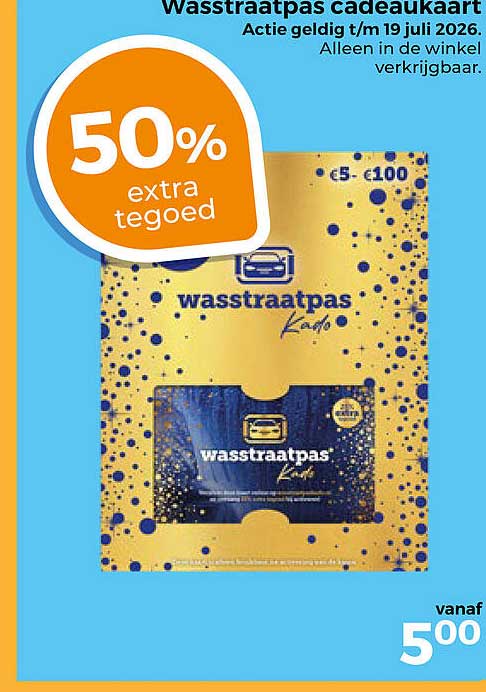 Wasstraatpas cadeaukaart 50% extra tegoed