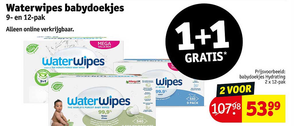 Waterwipes babydoekjes 9- en 12-pak 1+1 GRATIS*