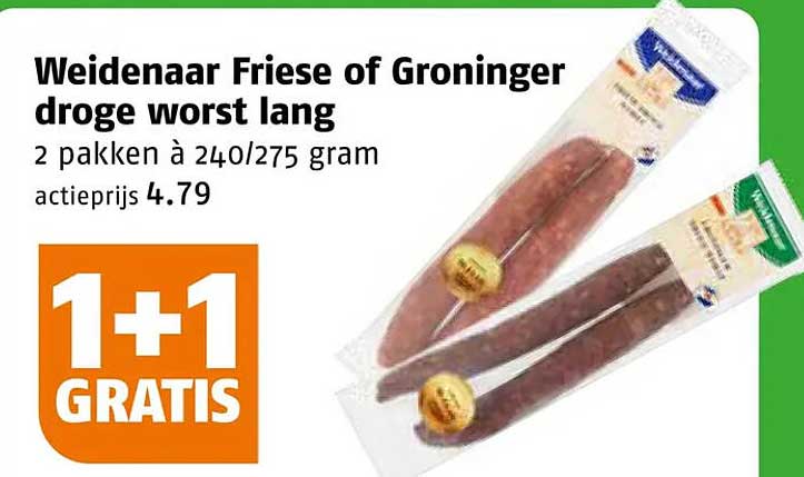 Weidenaar Friese of Groninger droge worst lang 1+1 GRATIS