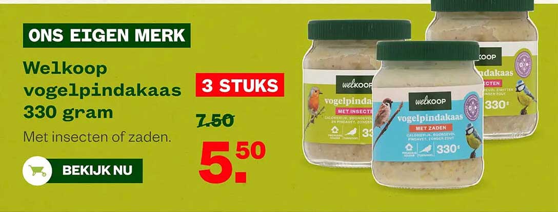 Welkoop vogelpindakaas 330 gram Met insecten of zaden. 3 STUKS