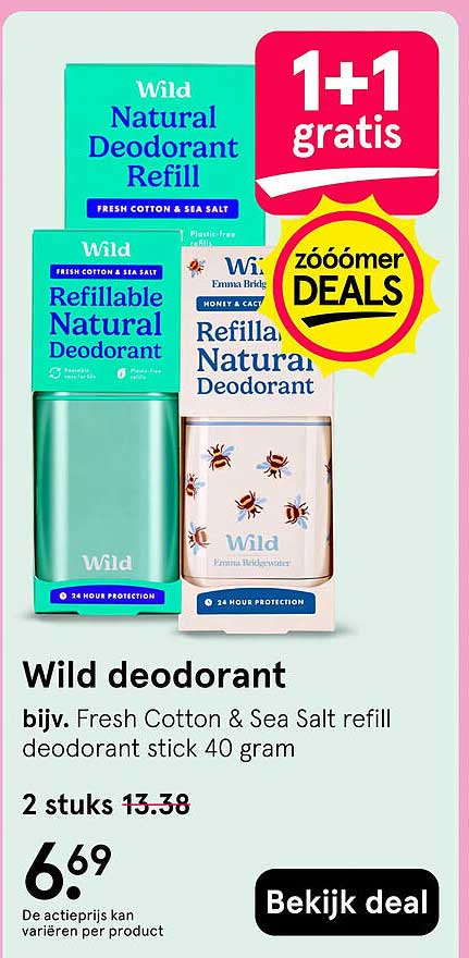 Wild deodorant bijv. Fresh Cotton & Sea Salt refill deodorant stick 40 gram 1+1 gratis