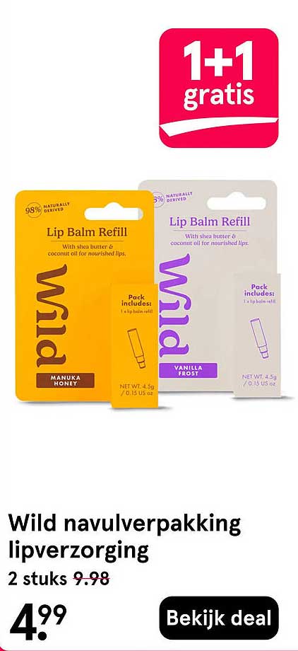 Wild navulverpakking lipverzorging 1+1 gratis