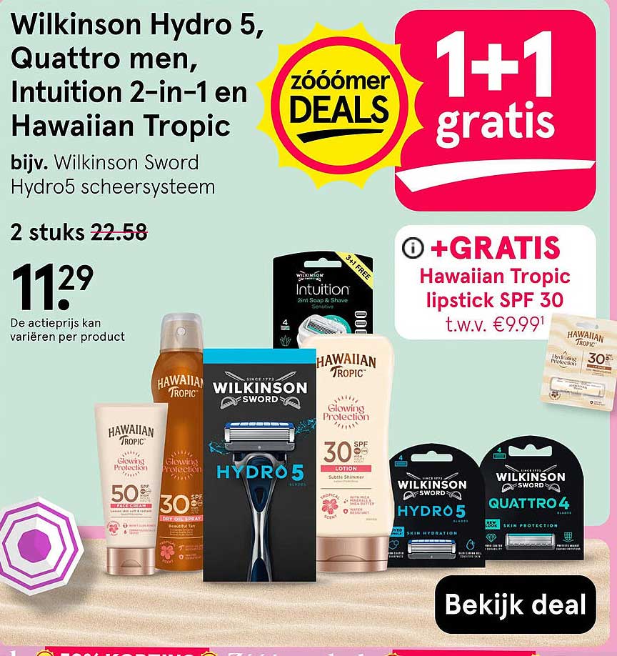 Wilkinson Hydro 5, Quattro men, Intuition 2-in-1 en Hawaiian Tropic 1+1 gratis