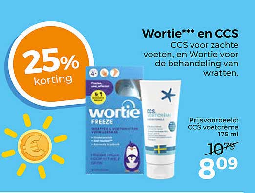 Wortie*** en CCS CCS voor zachte voeten, en Wortie voor de behandeling van wratten.