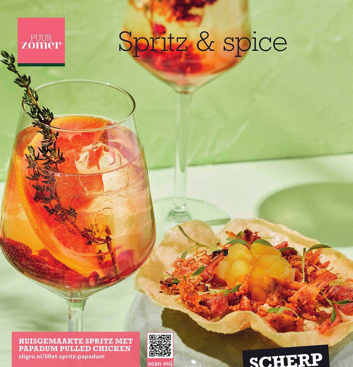 Huisgemaakte spritz met papadum pulled chicken