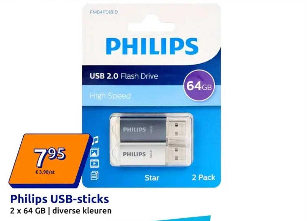Philips USB-sticks 2 x 64 GB | diverse kleuren