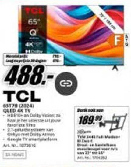 TCL 65" QLED 4K TV (model 65779 2024) voor €488,-